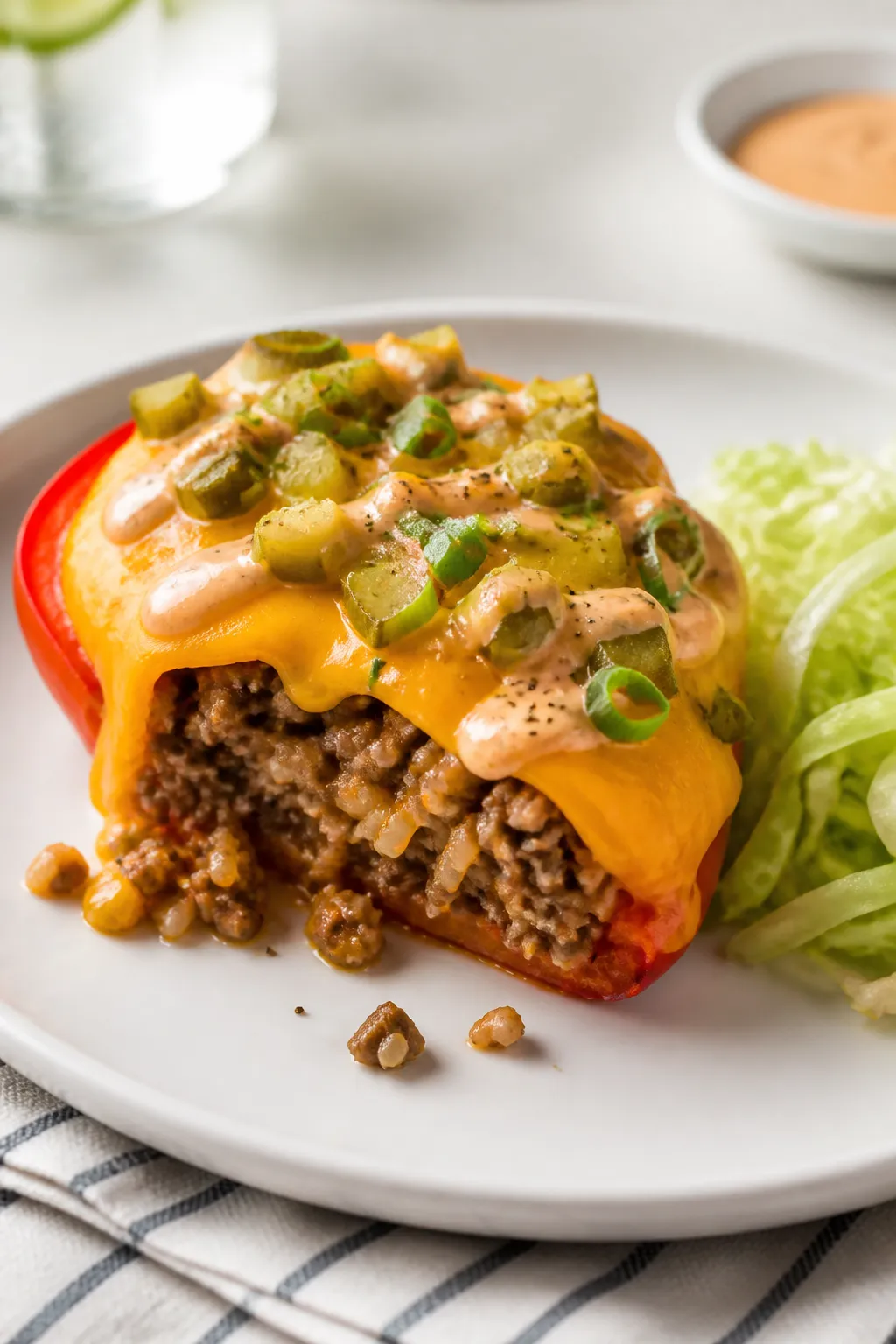 Final plated hero: Single cheeseburger stuffed pepper half plated on a matte white plate, cut to rev