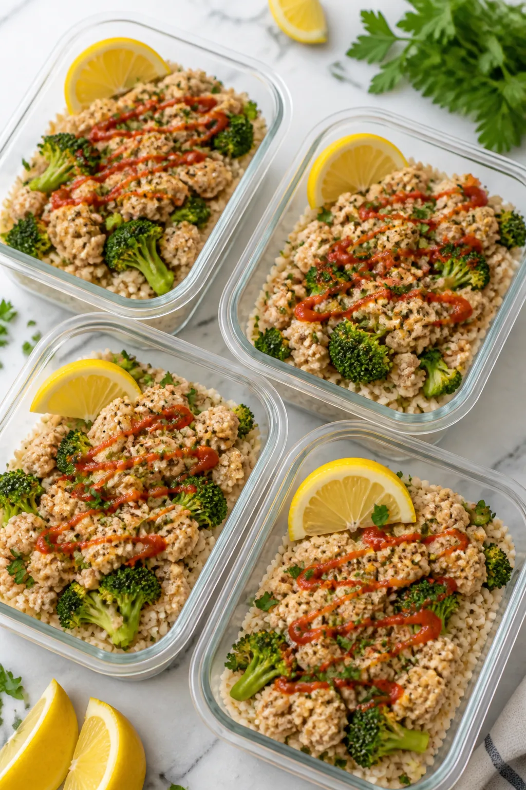 Final plated meal-prep presentation: Beautifully portioned turkey–broccoli rice in a clear, airtig