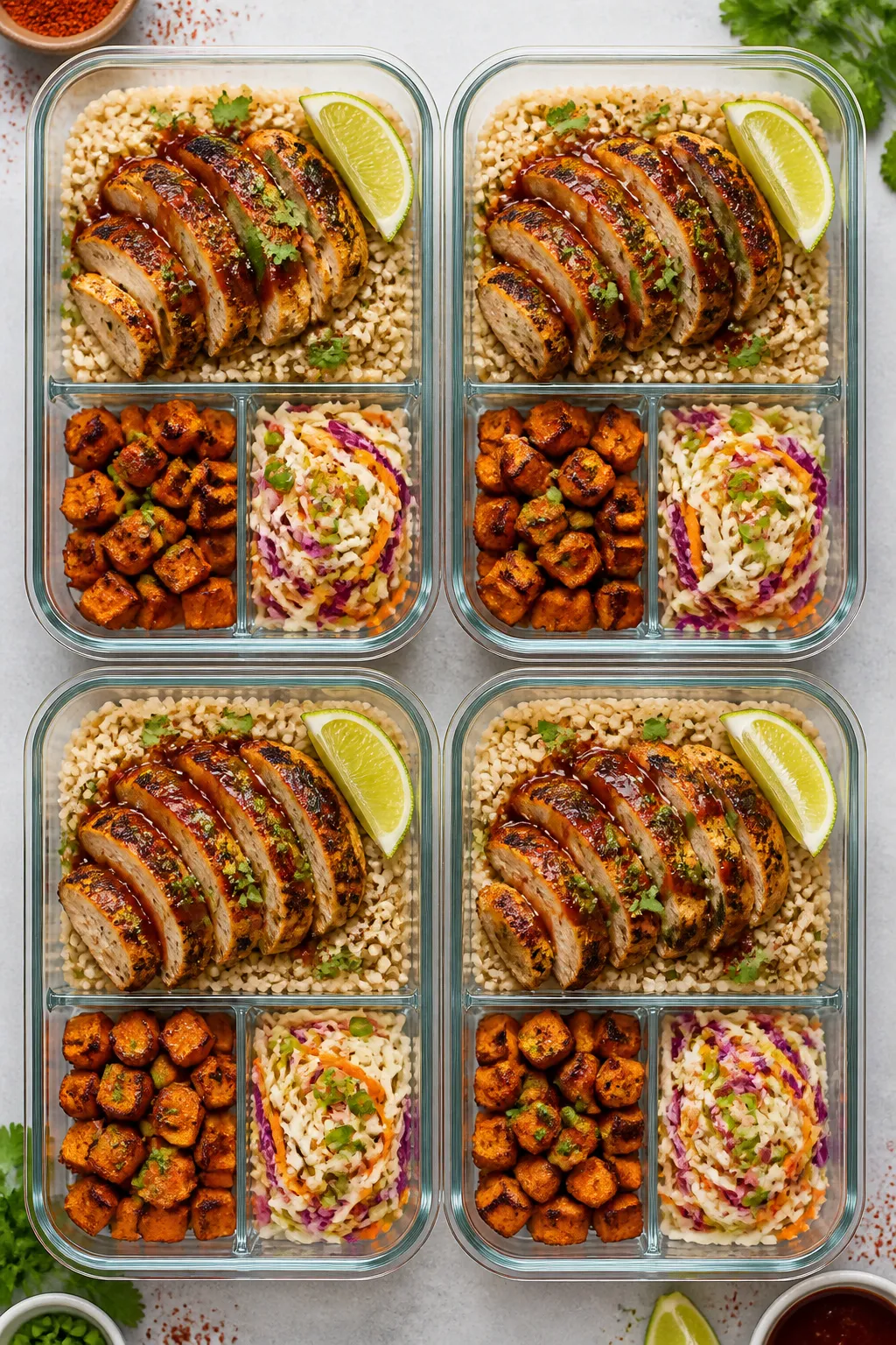 Final plated meal prep: Tasty top view of four glass meal prep containers neatly divided—sliced BB