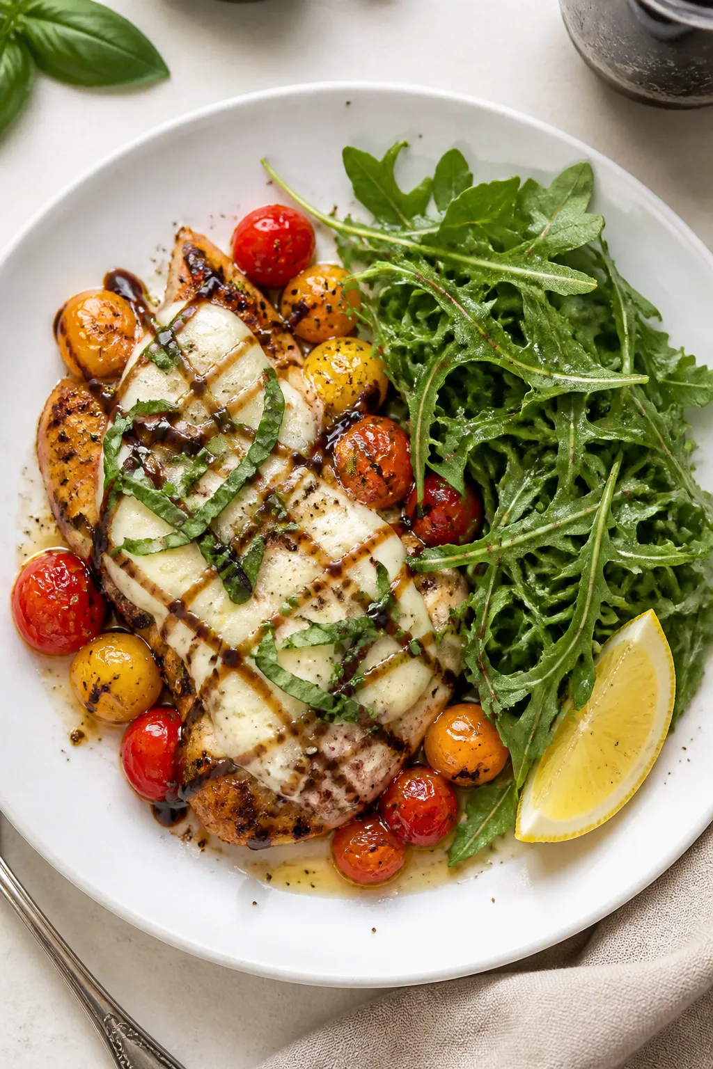 Final plated, overhead: Top-down shot of a beautifully plated Healthy Caprese Chicken Skillet portio