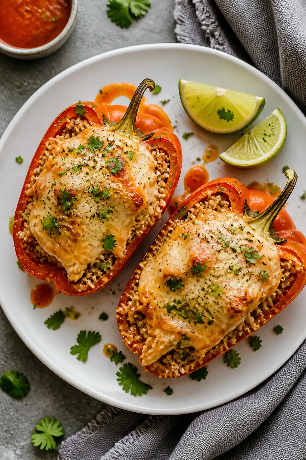 Final plated overhead: Two chicken enchilada stuffed peppers on a matte white plate, cheese melted a