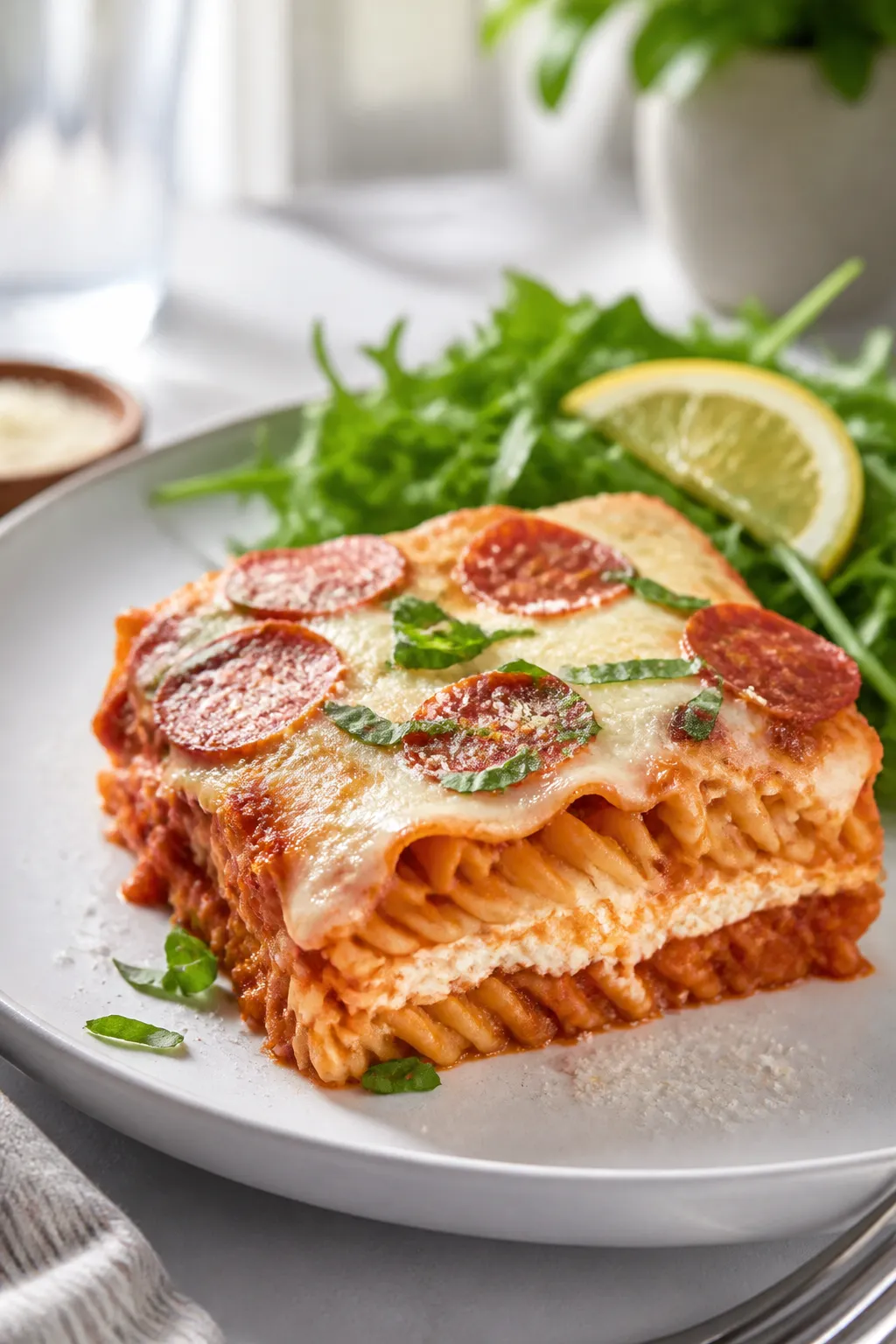 Final plated presentation: A generous square of the baked High Protein Pizza Casserole served on a m