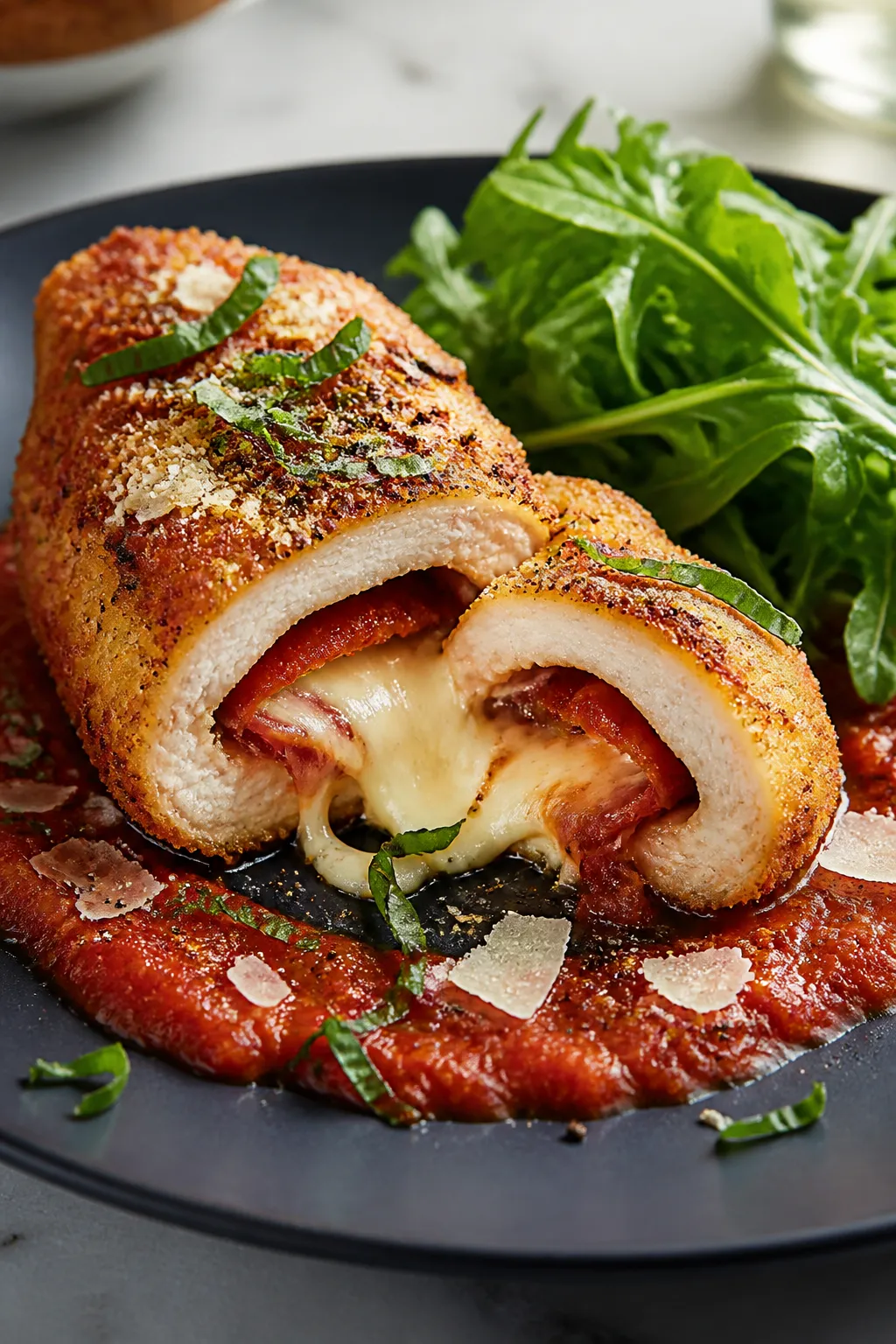Final plated presentation: Beautifully plated pizza stuffed chicken breast sliced to show the oozy m