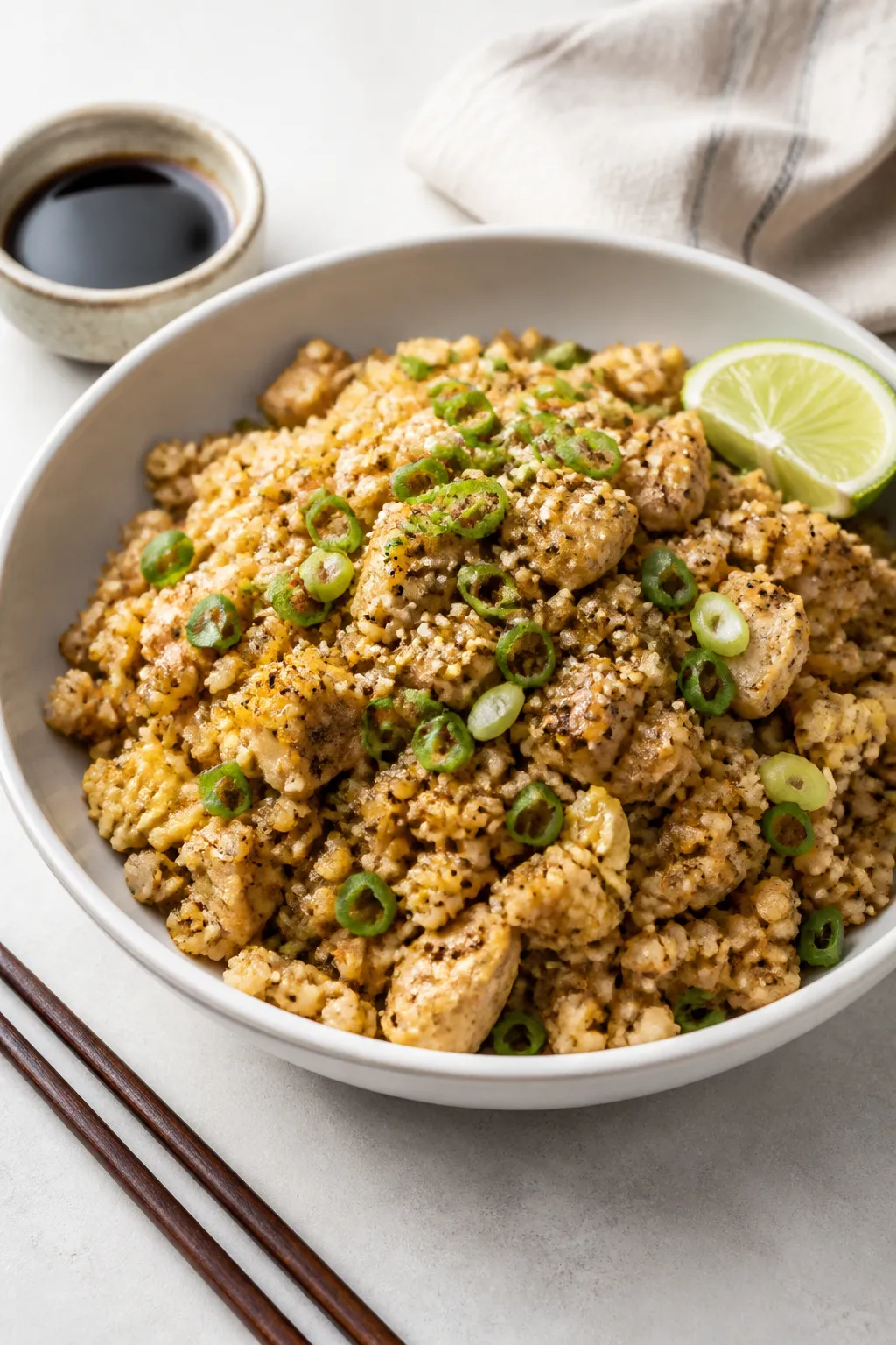 Final plated presentation: Restaurant-quality bowl of chicken fried cauliflower rice mounded high in
