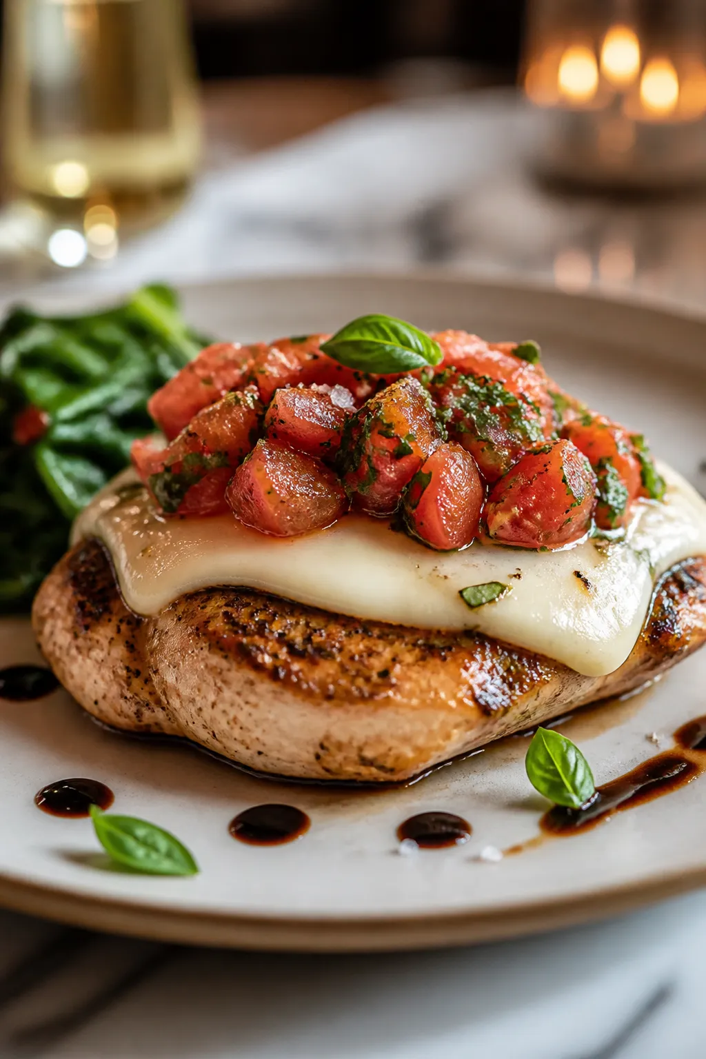 Final plated presentation: Restaurant-quality plate with a single chicken breast crowned with cool, 