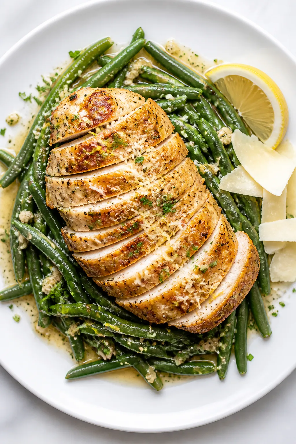 Final plated presentation: Restaurant-quality plate of Garlic Parmesan Chicken and Green Beans—sli