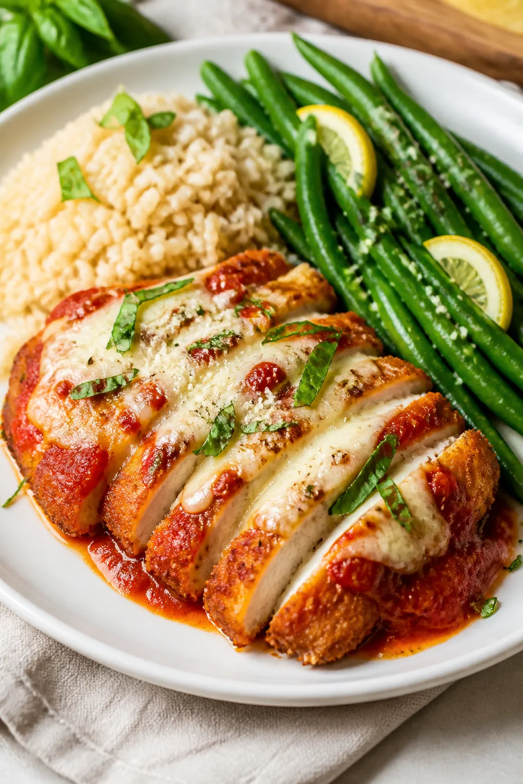 Final plated presentation: Restaurant-quality plate of Healthy Chicken Parmesan—one sliced cutlet