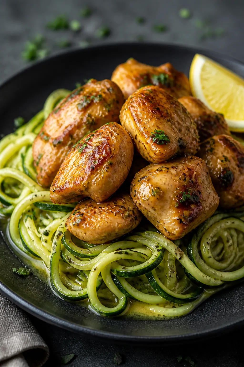Final plated presentation: Restaurant-quality plating of garlic butter chicken and zoodles on a matt