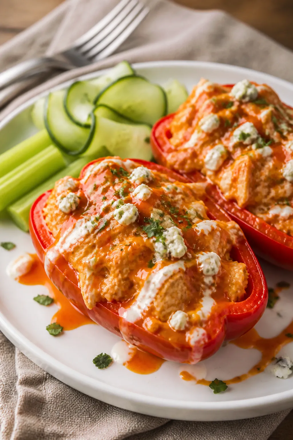 Final plated presentation: Restaurant-quality serving of two Buffalo chicken stuffed pepper halves o