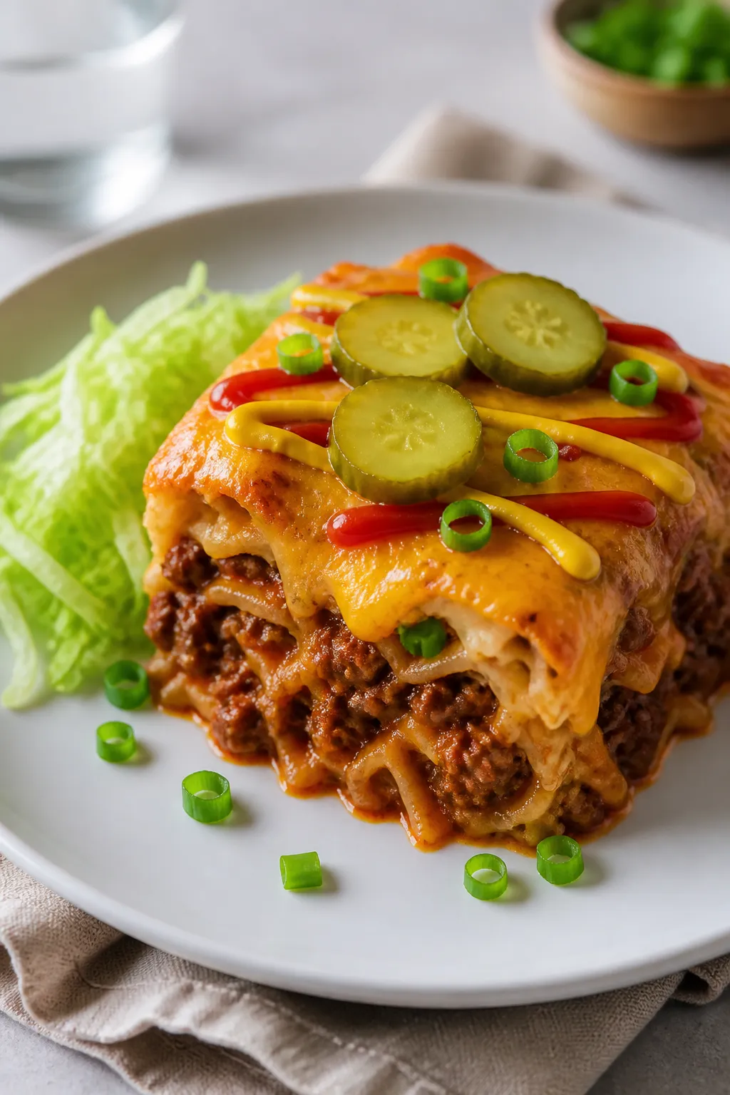 Final plated, restaurant-quality presentation: A neatly cut square of Healthy Cheeseburger Casserole