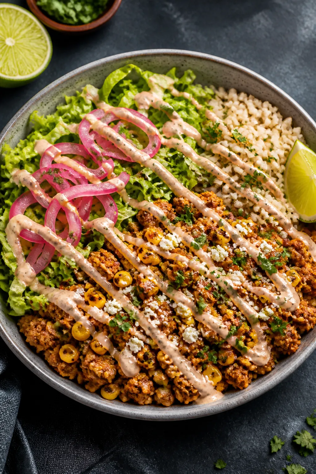 Final plated, restaurant-quality presentation: Beautifully plated Ground Turkey Burrito Bowl variati