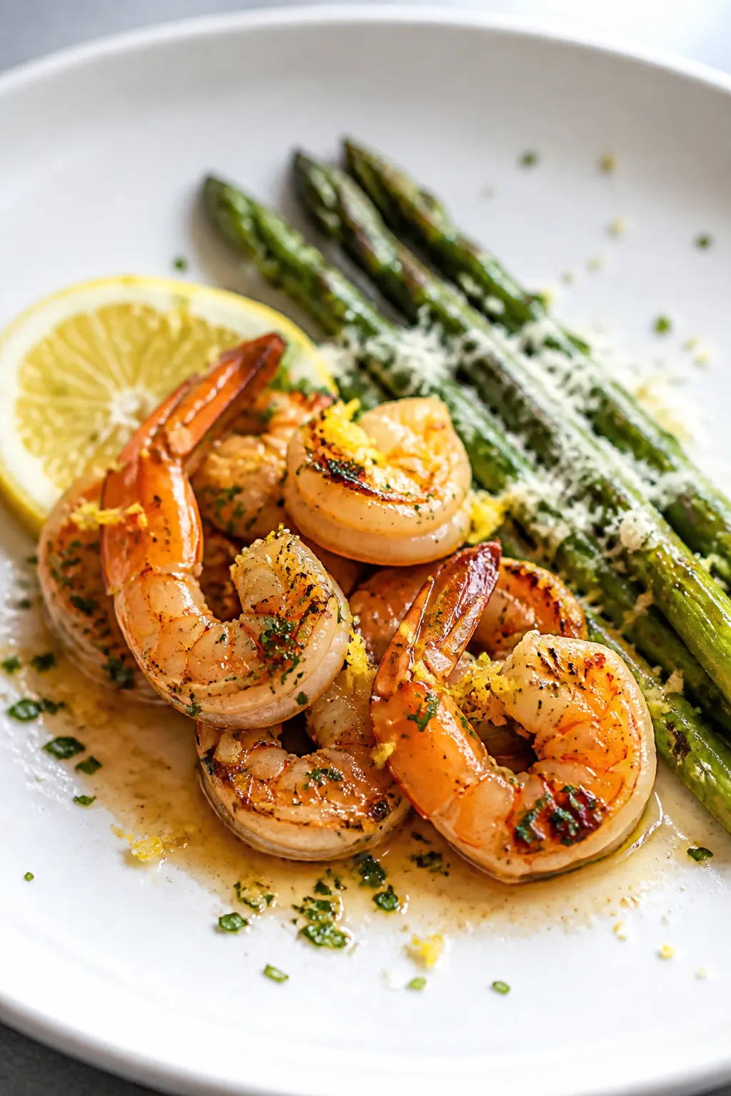 Final plated, restaurant-quality presentation: Close-up of a neatly plated serving of garlic shrimp