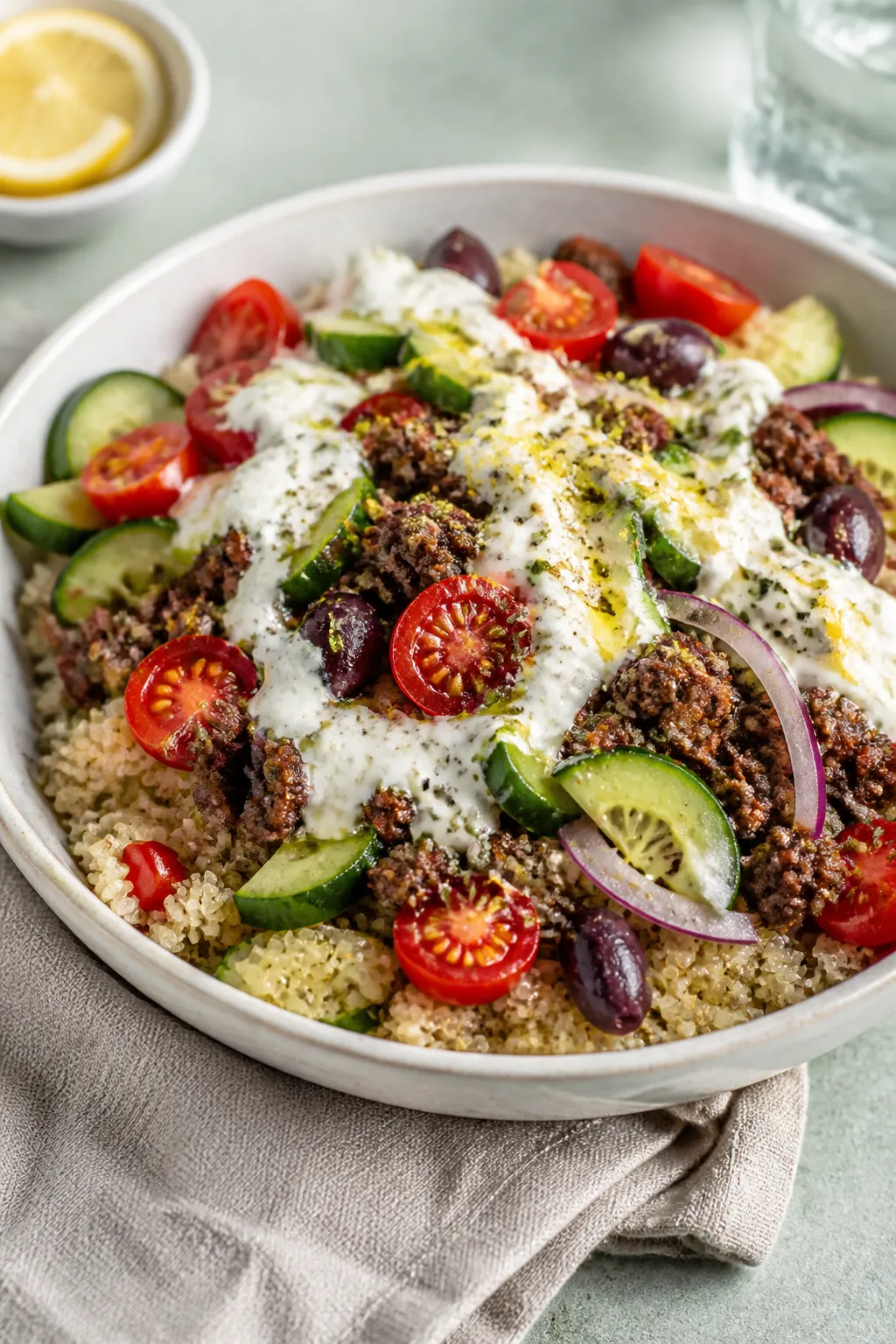Final plated restaurant-quality presentation: Mediterranean twist hamburger bowl in a shallow cerami