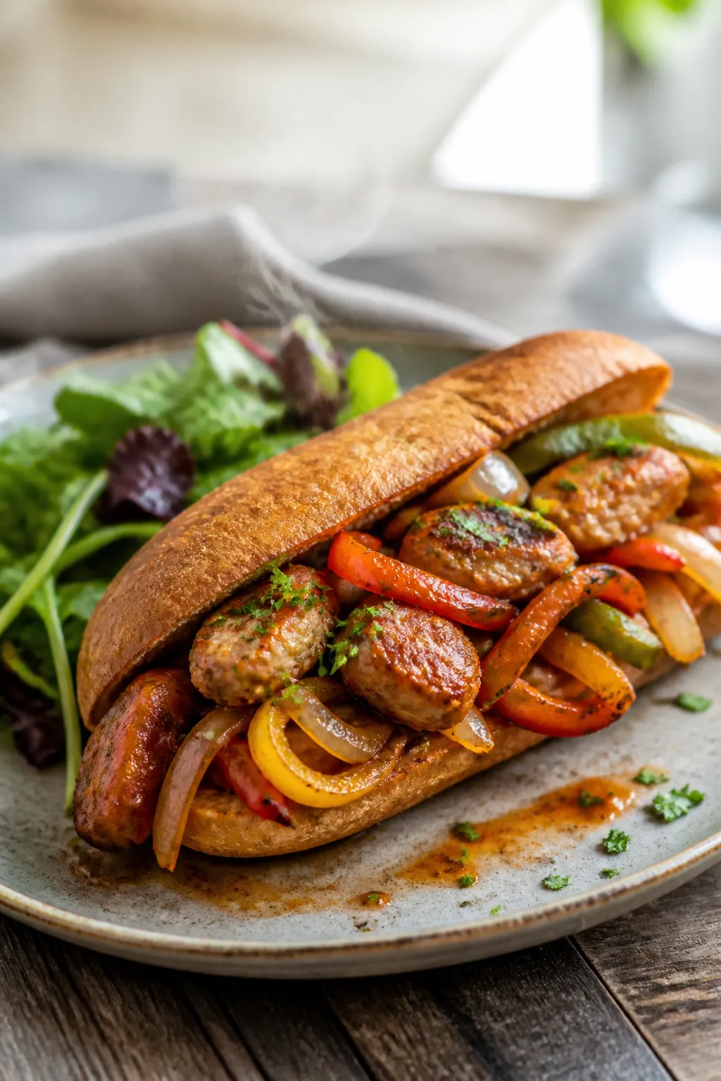 Final plated sandwich presentation: toasted whole-wheat roll stuffed with lean Italian sausage and p