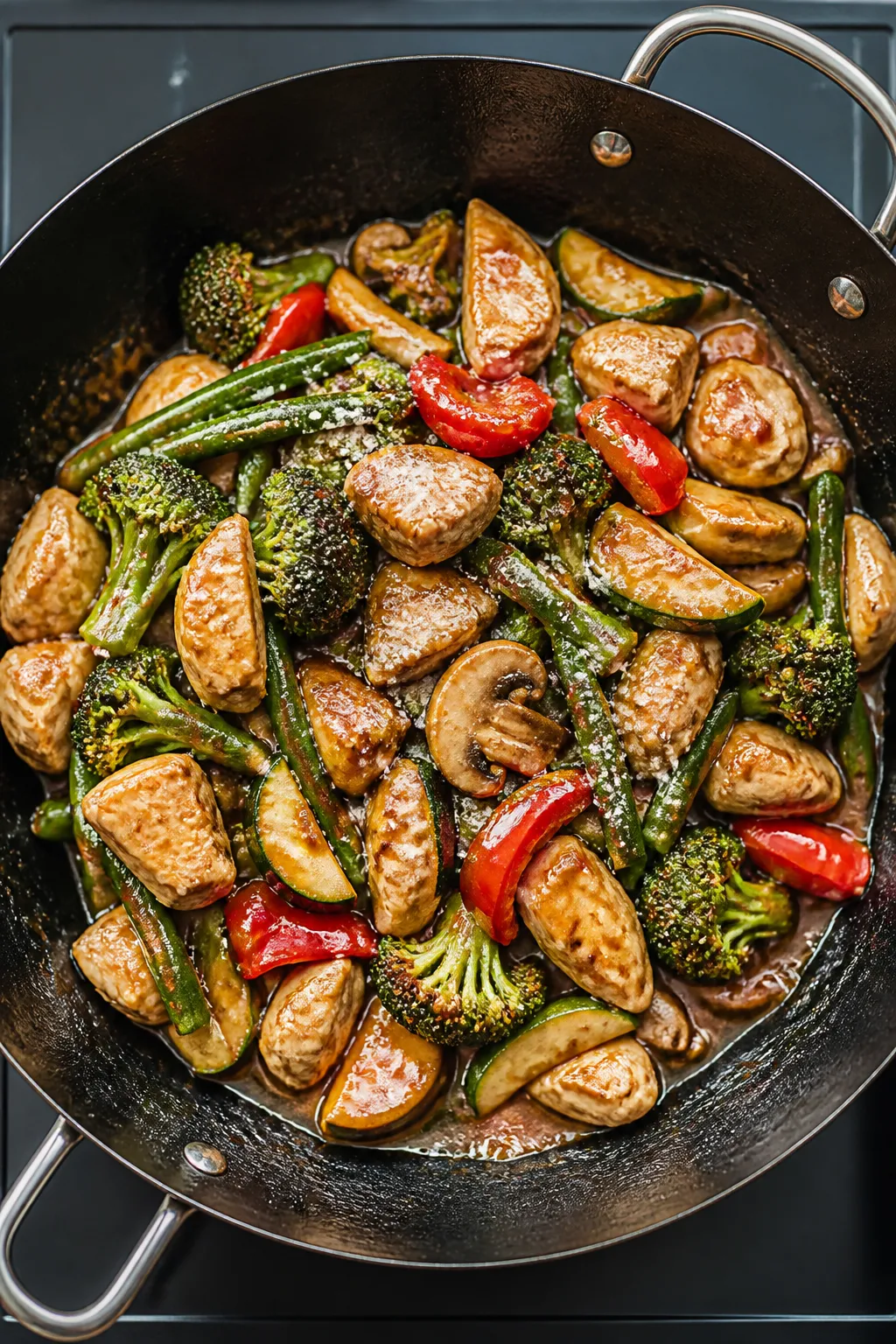 Overhead cooking process: Top-down shot of the stir fry just after returning the chicken to the pan 