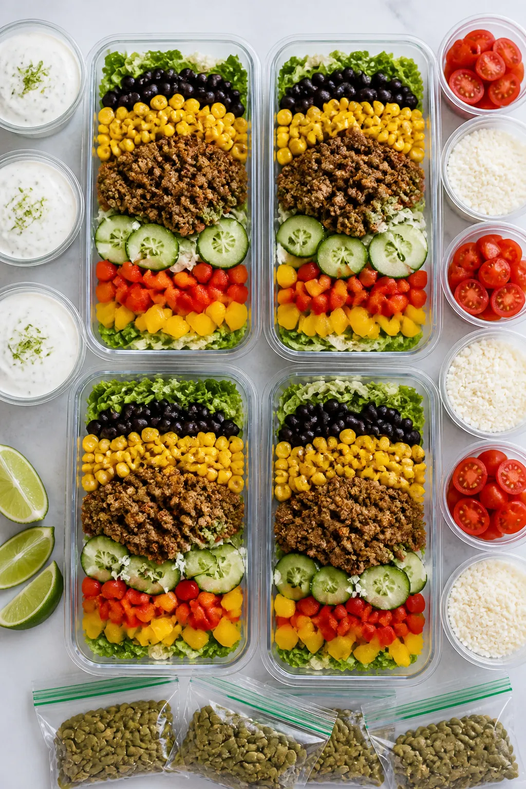 Overhead meal prep assembly: Top-down shot of four open meal-prep containers neatly layered for fres