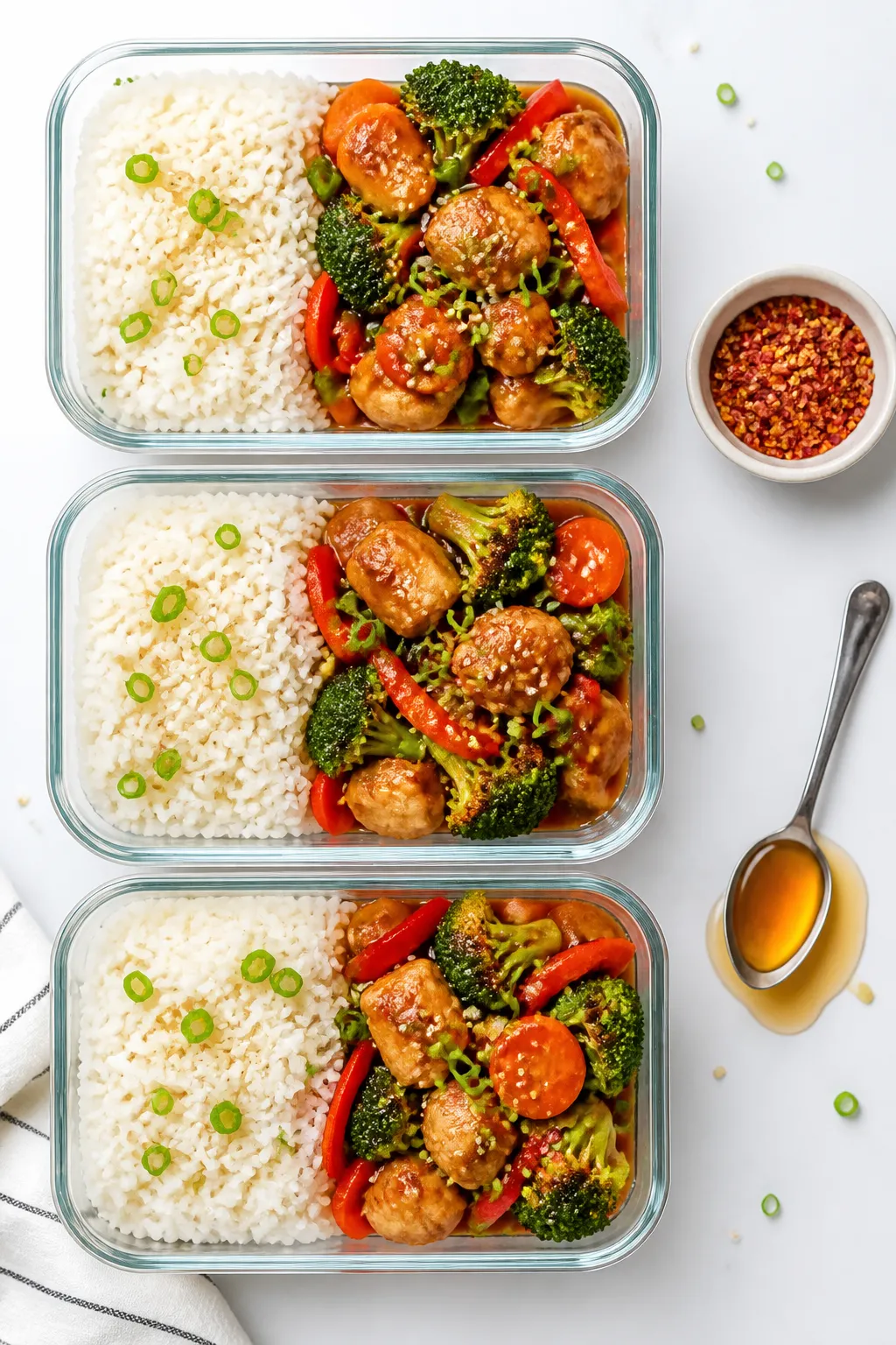Overhead meal-prep layout: of three meal-prep containers neatly portioned with half rice and half tu