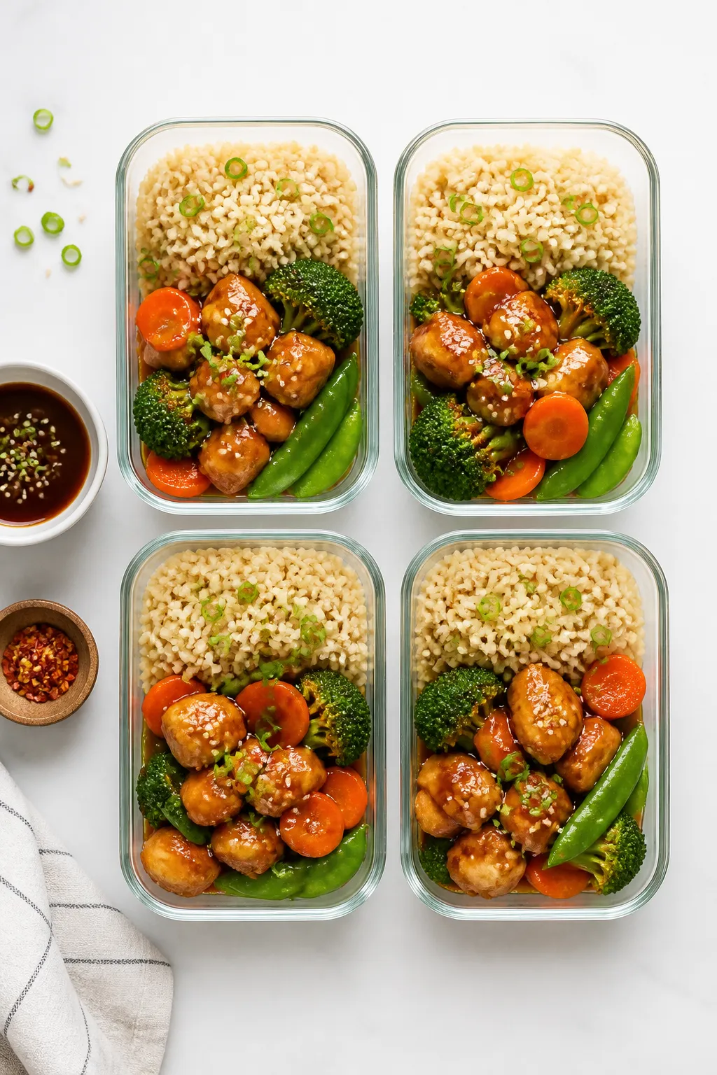 Overhead meal prep spread: of four neat glass meal-prep containers filled with portions of brown ric