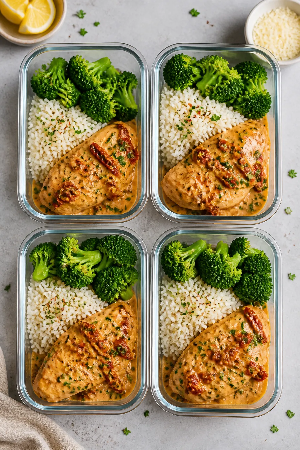 Overhead meal-prep spread: Top-down shot of four glass meal-prep containers neatly portioned—juicy