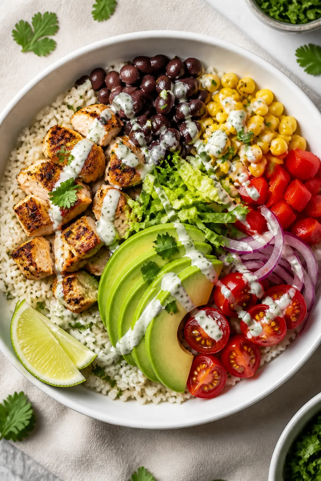 Overhead shot of assembled Healthy Chicken Burrito Bowl: fluffy cilantro-lime rice base with lime ze