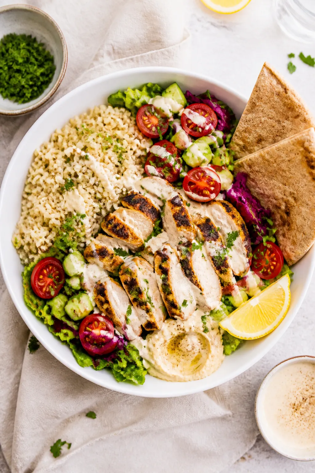 Overhead shot of assembled Healthy Chicken Shawarma Bowls: half brown rice, half chopped romaine bas