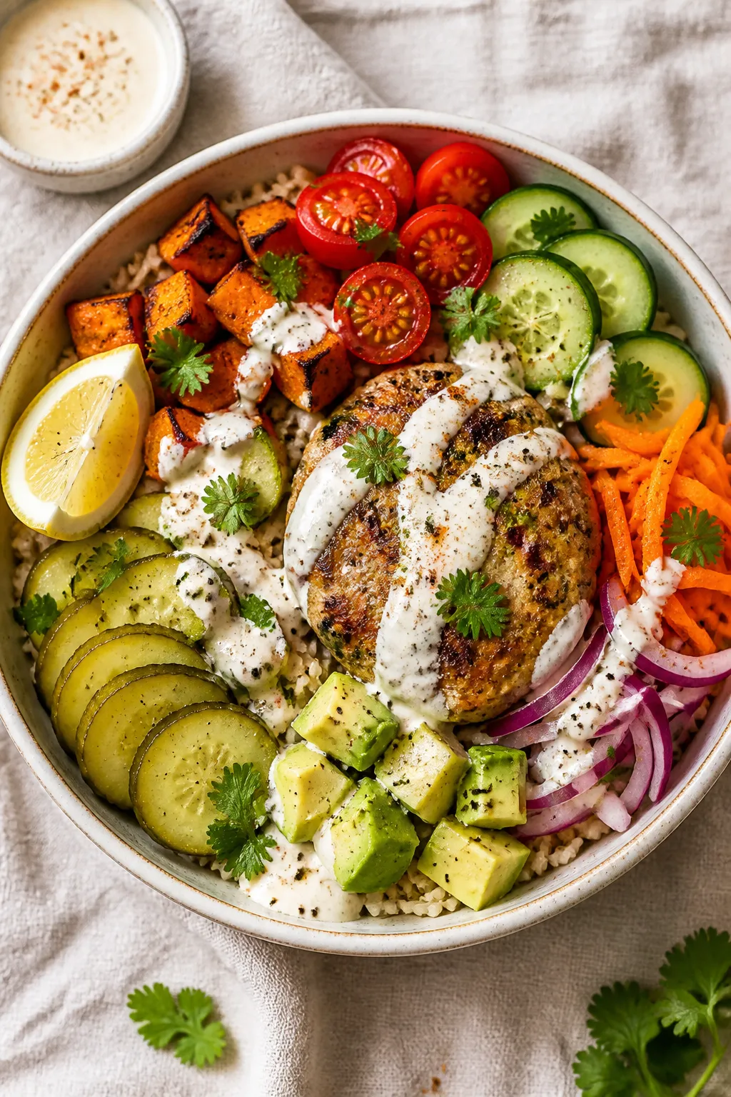 Overhead “tasty top view” assembly shot: Turkey burger bowl over a base of warm brown rice with