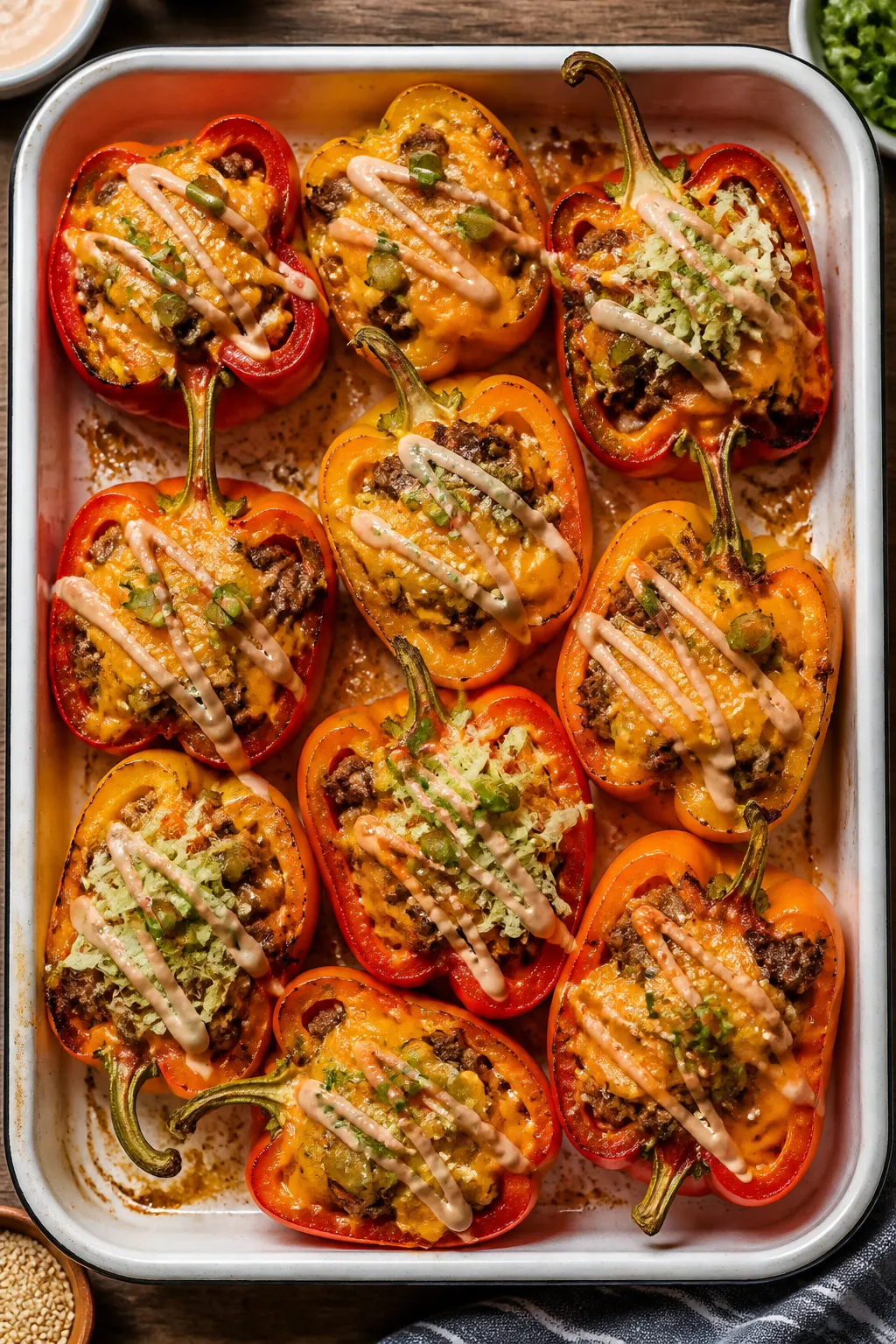 Overhead “tasty top view”: Baking dish of halved, pre-baked bell peppers (mix of red, yellow, an