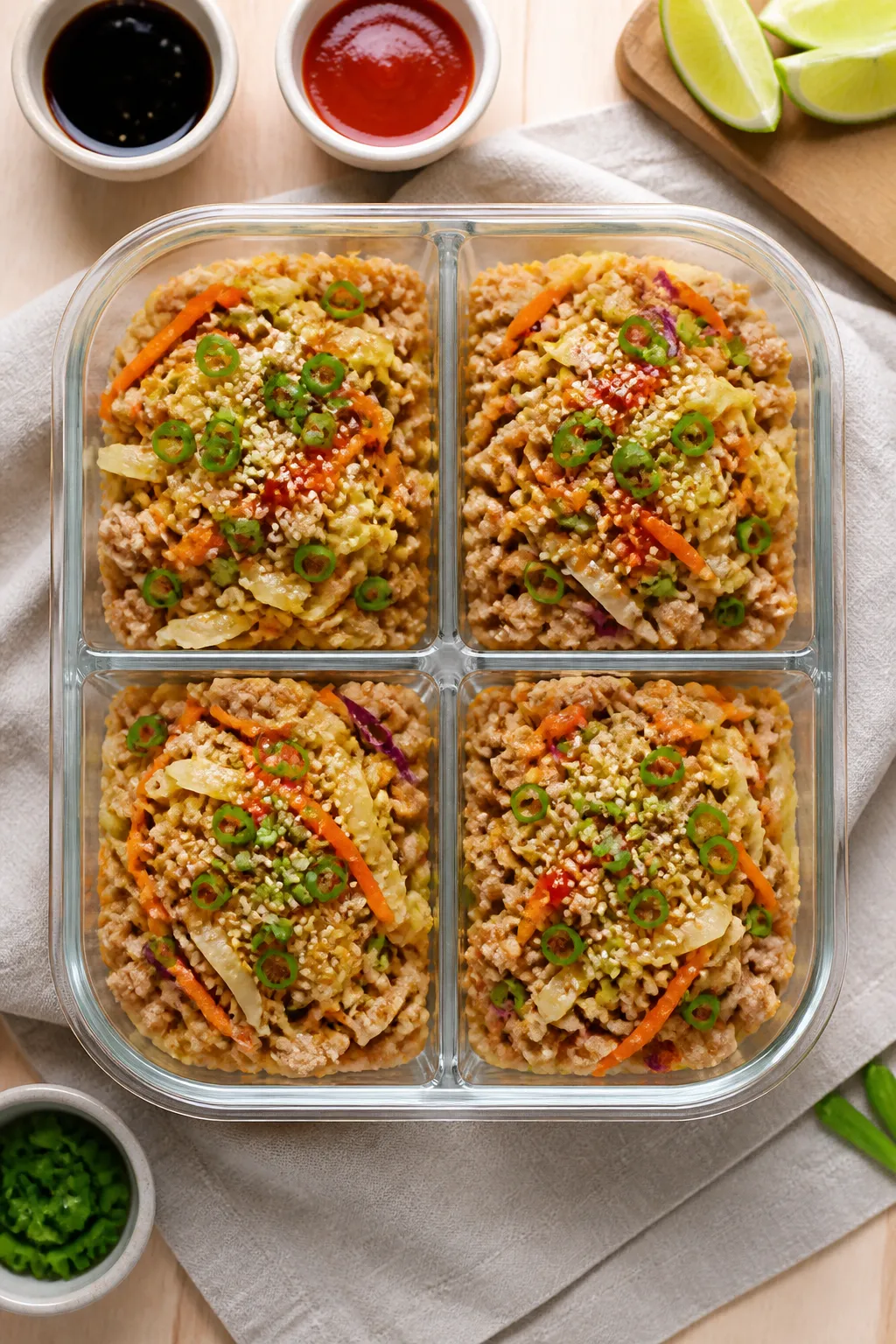 Overhead tasty top view: Final egg roll in a bowl divided into four meal-prep containers, each porti