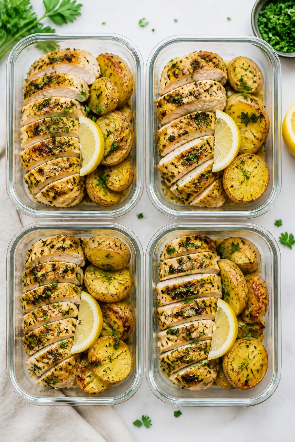 Overhead “tasty top view”: Final plated Lemon Herb Chicken & Potatoes meal prep portion divided