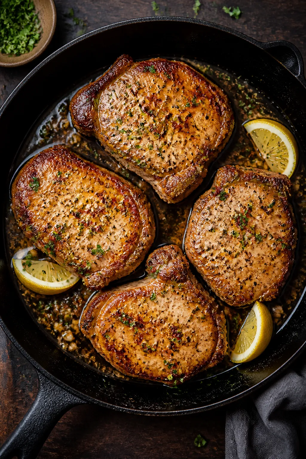 Overhead “tasty top view”: Finished Garlic Parmesan Pork Chops just out of the oven in the skill