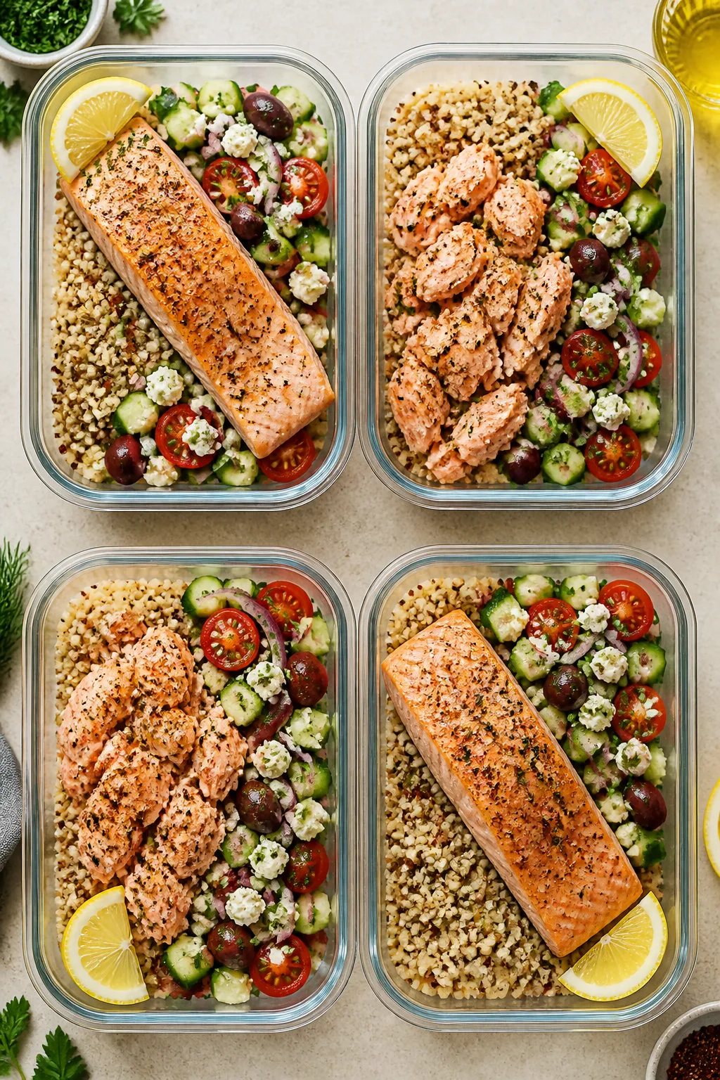 Overhead “tasty top view” of assembled Mediterranean salmon meal prep containers: four neat port