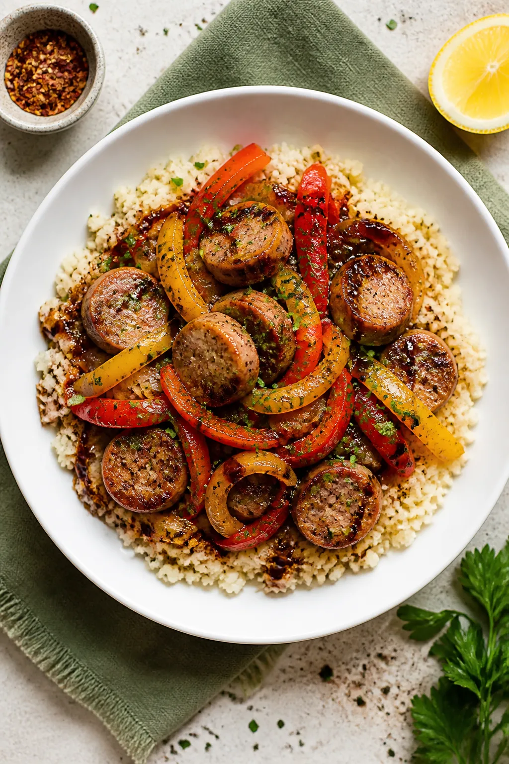 Overhead “tasty top view” of Healthy Italian Sausage and Peppers served over cauliflower rice in