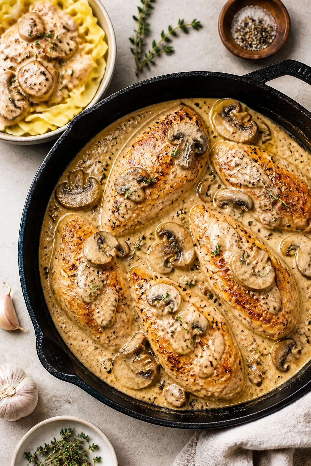Overhead tasty top view: Skillet-to-table presentation of Creamy Garlic Mushroom Chicken in a black