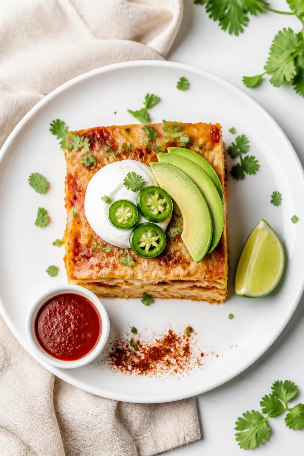 Overhead top-down shot of a neatly sliced square of the low carb chicken enchilada bake on a matte w