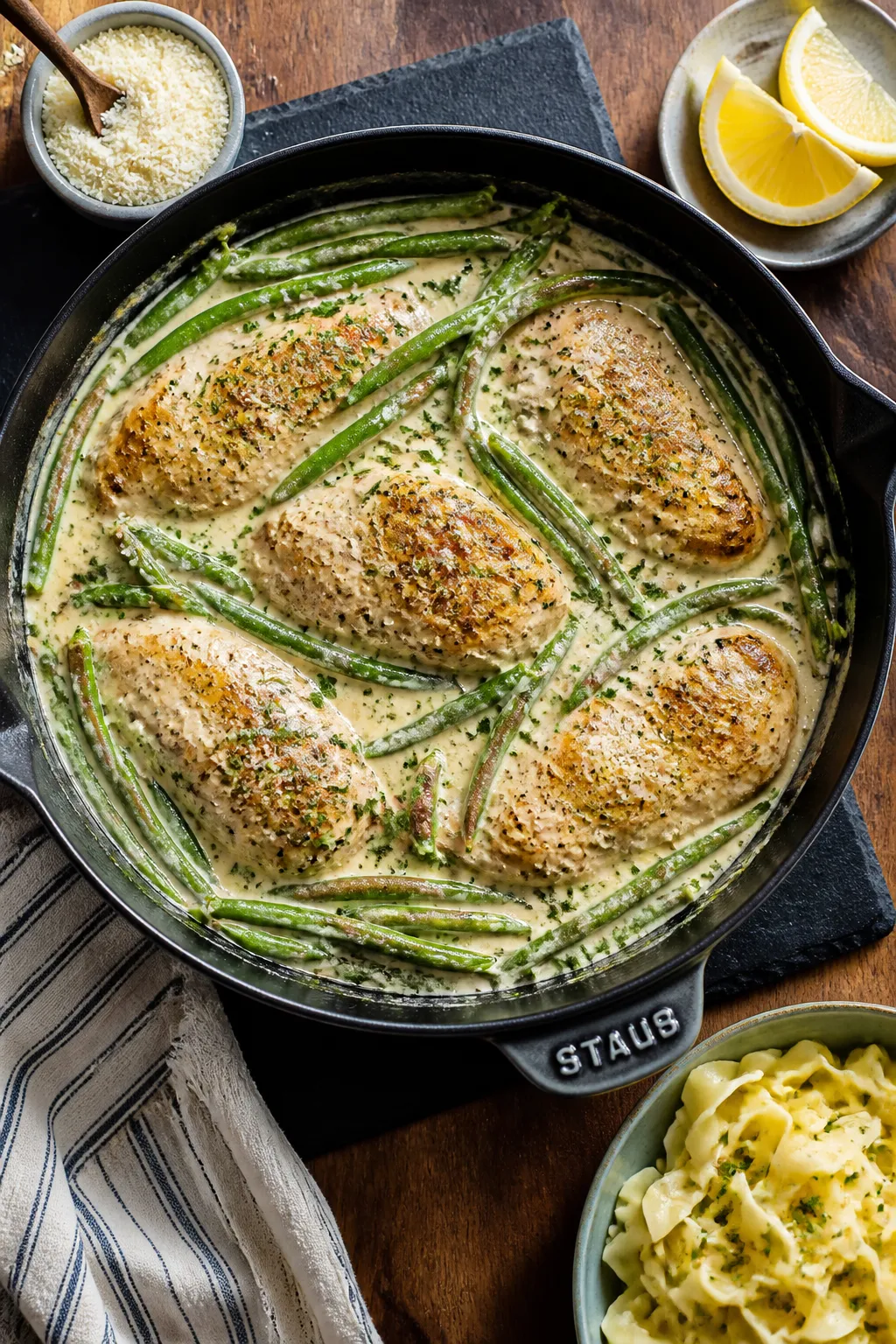 Overhead topper, cozy weeknight vibe: Top-down shot of the full skillet of creamy ranch chicken and 