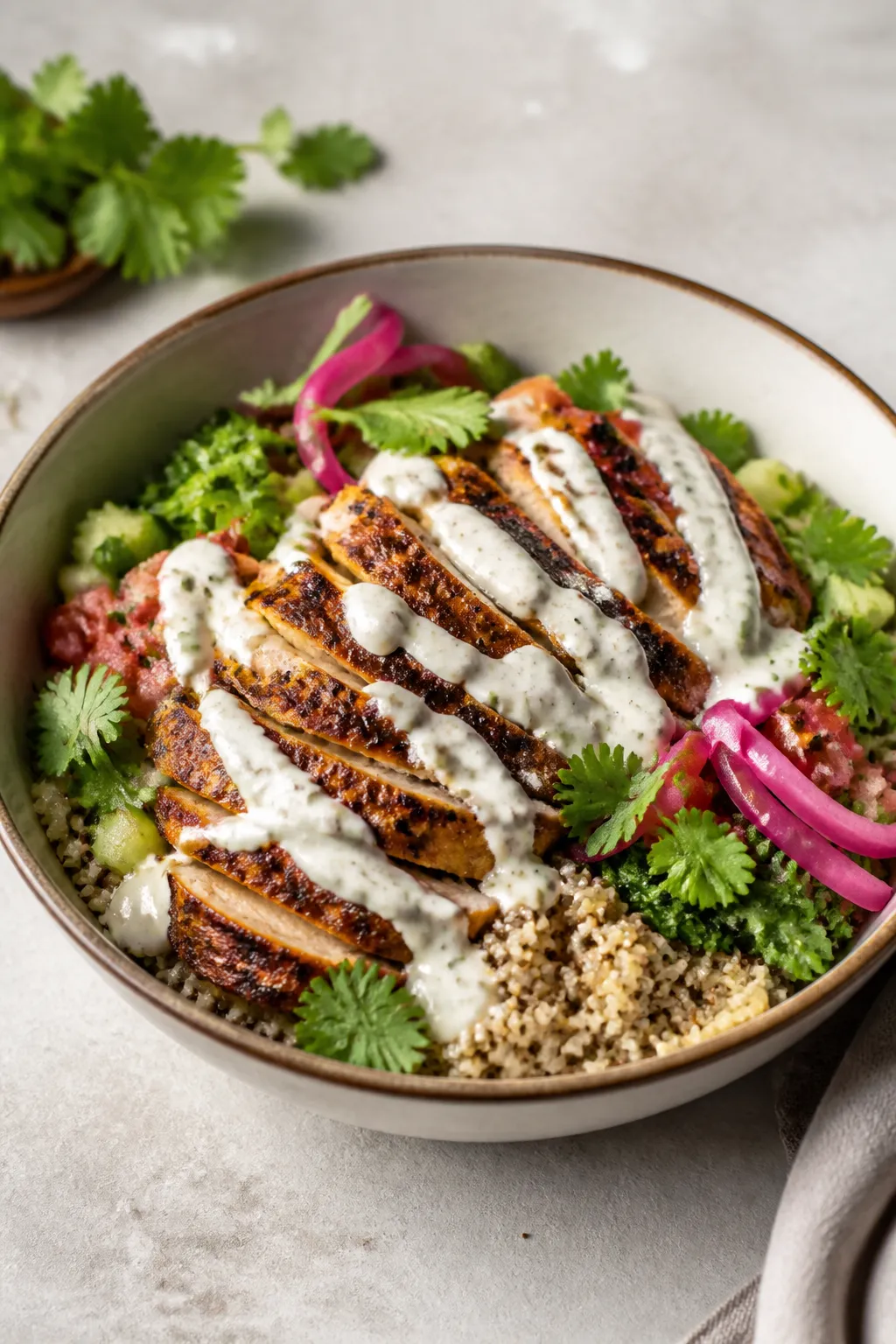 Restaurant-quality final plate presentation: a single elegant bowl with quinoa base and extra greens