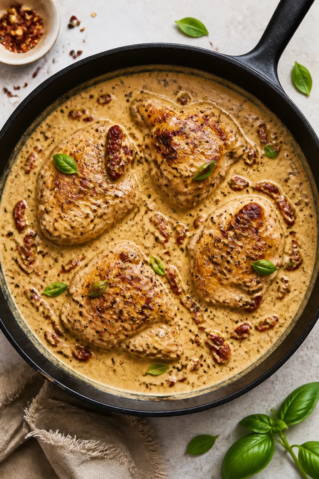 Sauce-building glamour shot (overhead): Overhead shot of the creamy Marry Me Chicken sauce simmering