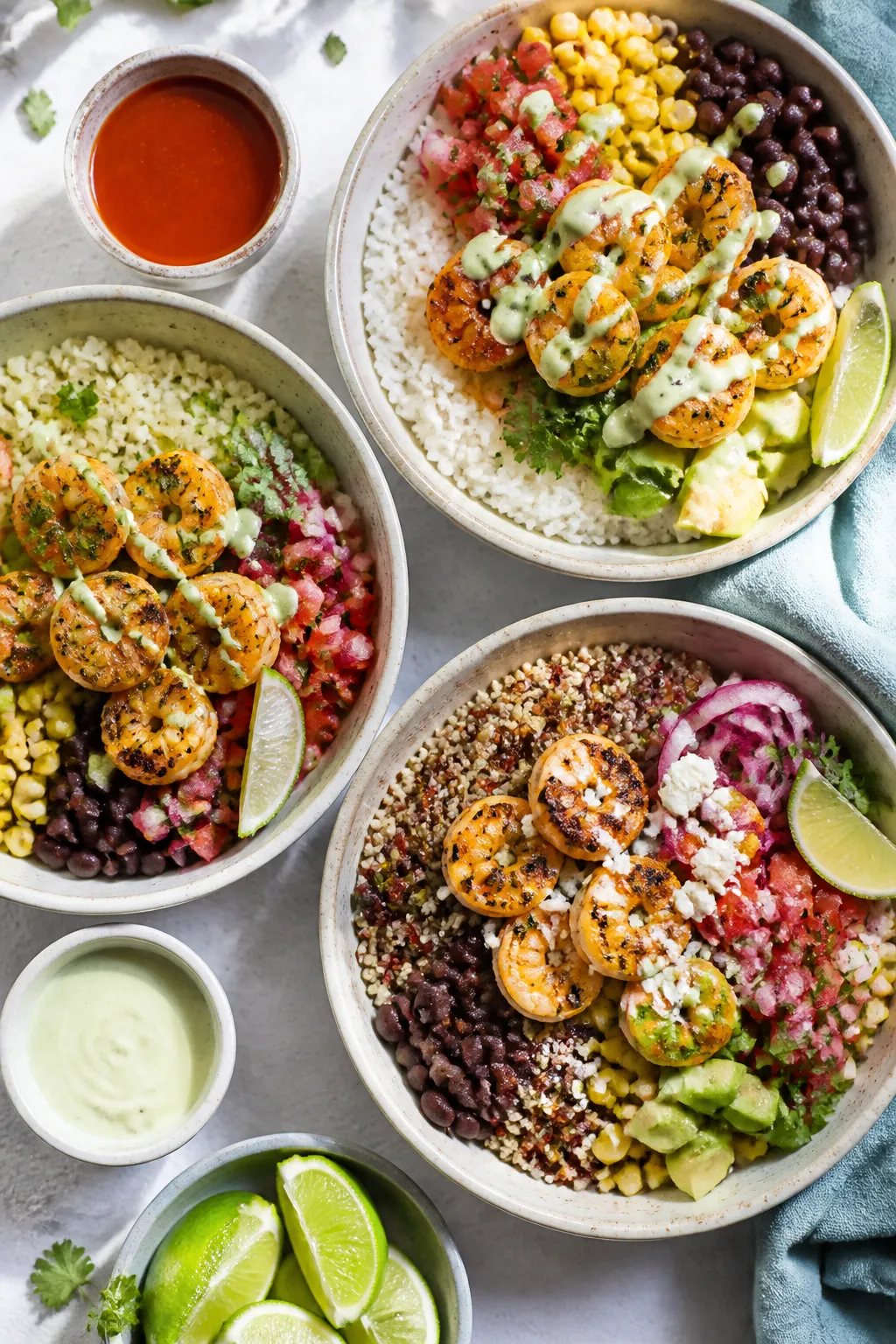 Tasty overhead meal-prep spread: Top-down shot of multiple assembled burrito bowls showing vibrant v
