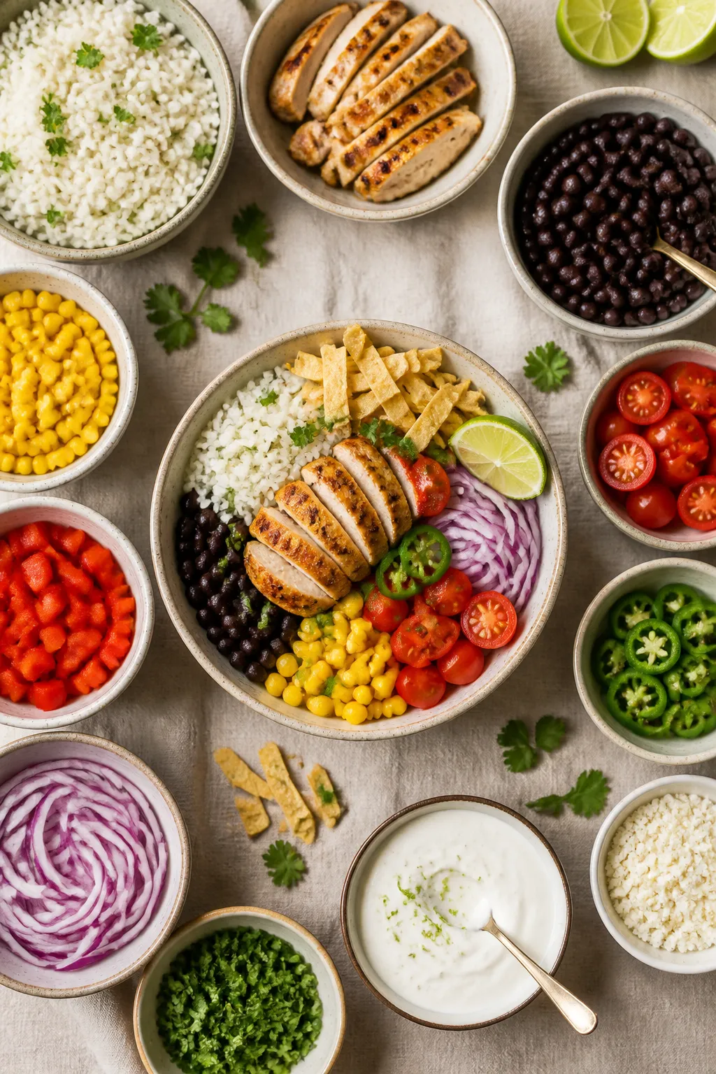 Tasty top view, assembly moment: Overhead shot of a build-your-own Southwest Chicken Bowl bar with w