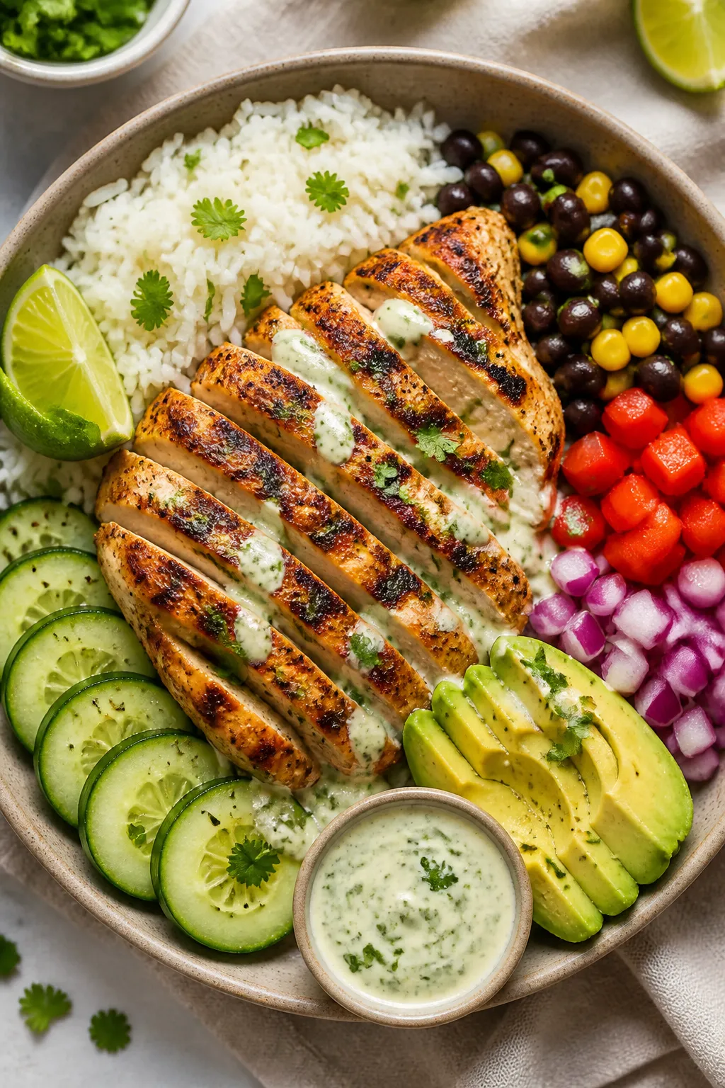 Tasty top view, build-your-bowl moment: Overhead shot of a half-assembled Garlic Lime Chicken & Rice