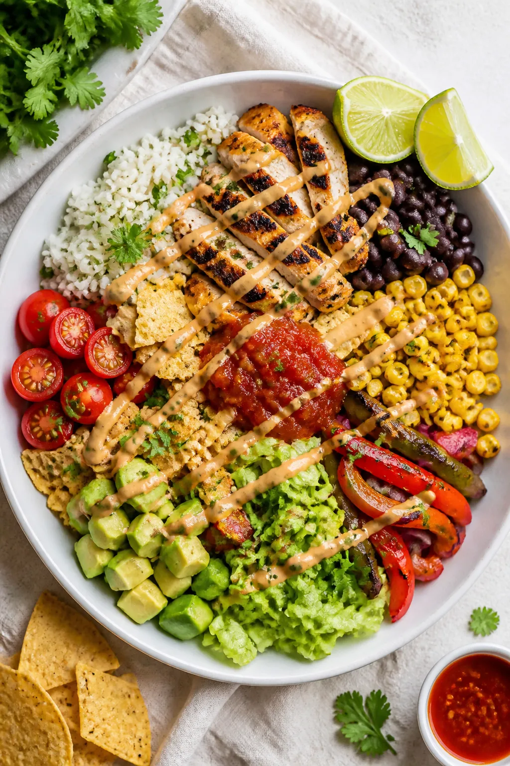 Tasty top view — burrito bowl assembly: Overhead shot of a Chipotle Chicken Burrito Bowl in a wide