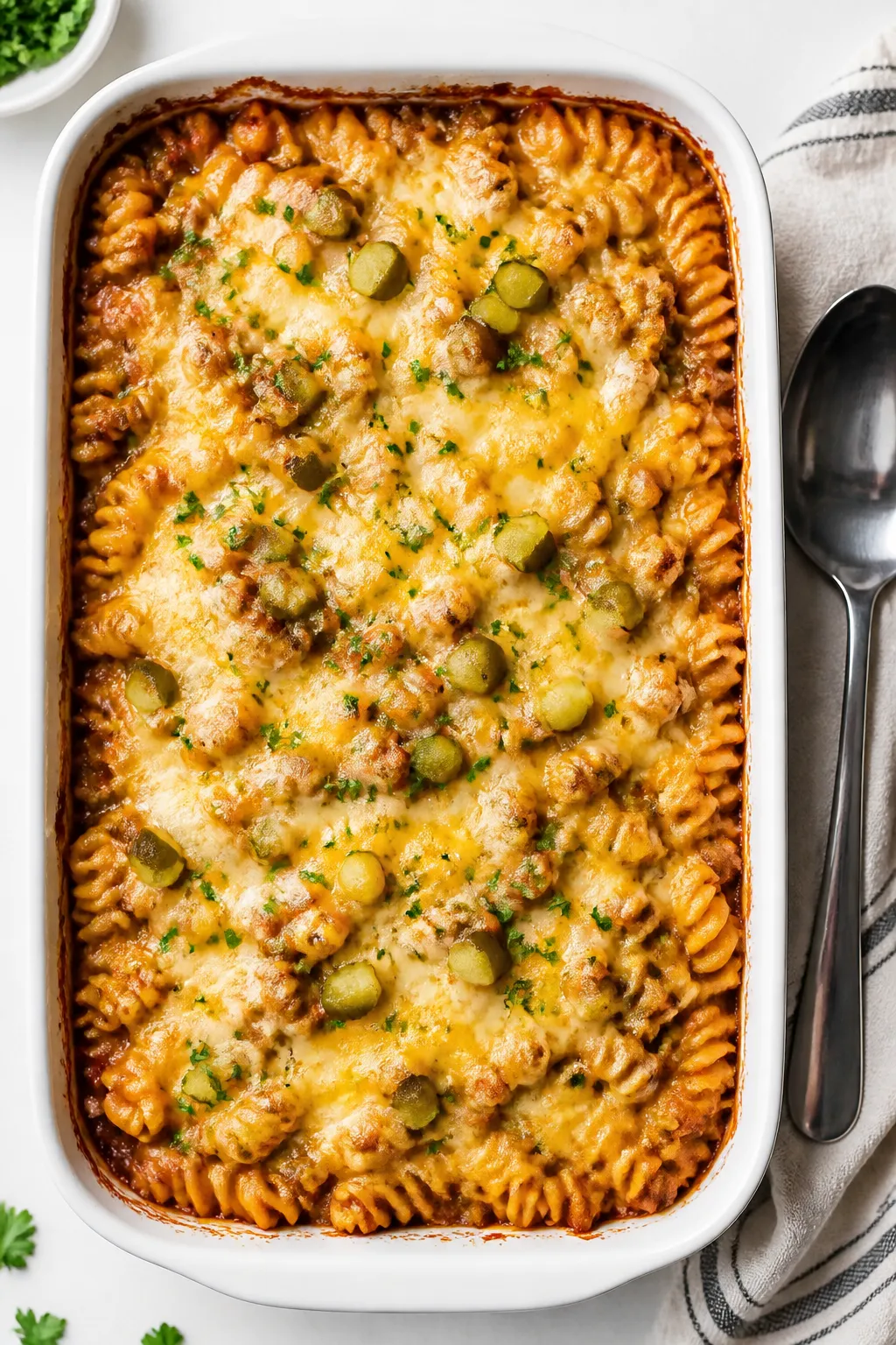 Tasty top view, casserole just baked: Overhead shot of Healthy Cheeseburger Casserole in a 9x13 baki