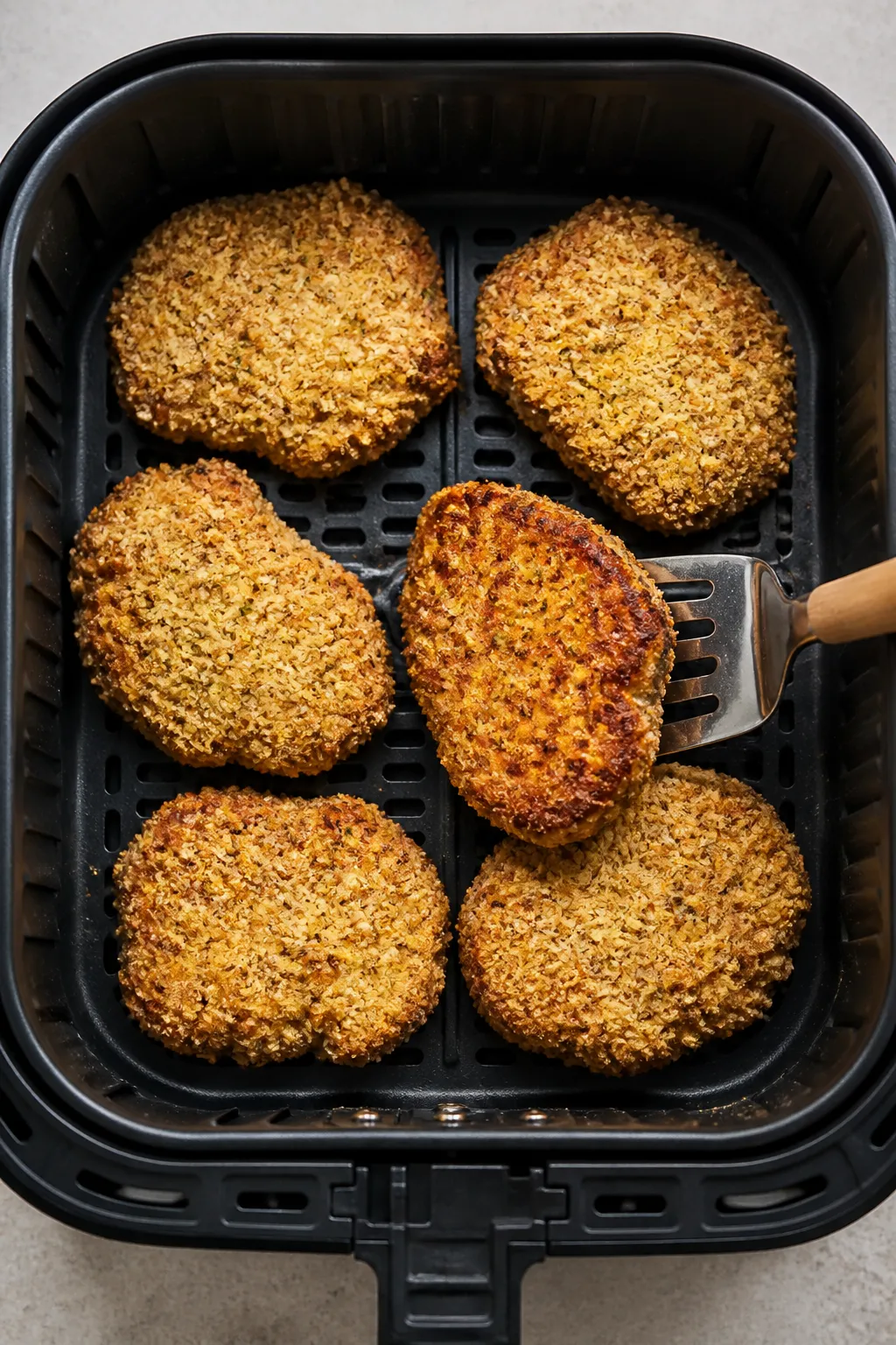 Tasty top-view cooking process: Overhead shot of multiple coated pork chops arranged in a single lay
