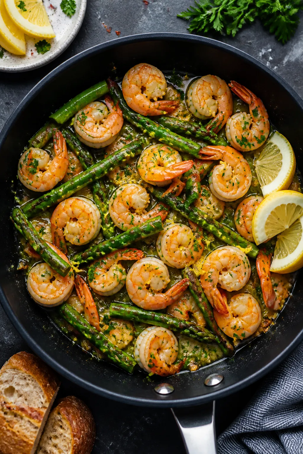 Tasty top view, family-style finish: Overhead shot of One Pan Garlic Shrimp and Asparagus just off t
