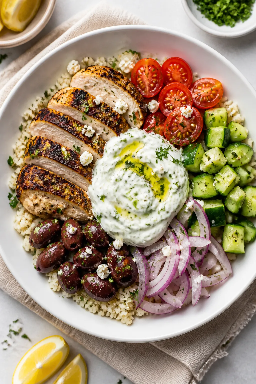 Tasty top view final bowl: Overhead shot of a Low Carb Greek Chicken Bowl beautifully arranged—bed