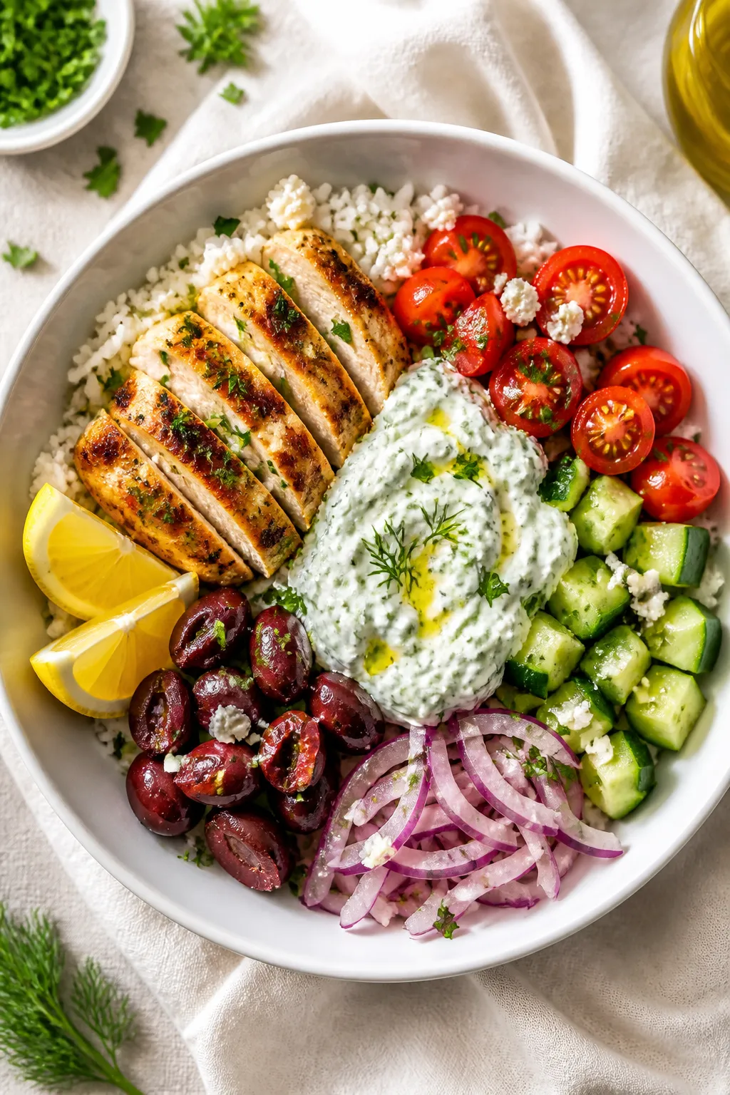 Tasty top view final dish: Overhead shot of Chicken Tzatziki Rice Bowl beautifully assembled—bed o