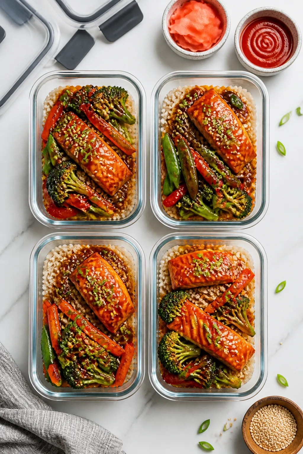Tasty top view — Final meal prep bowls ready for the week: overhead shot of four neatly arranged c