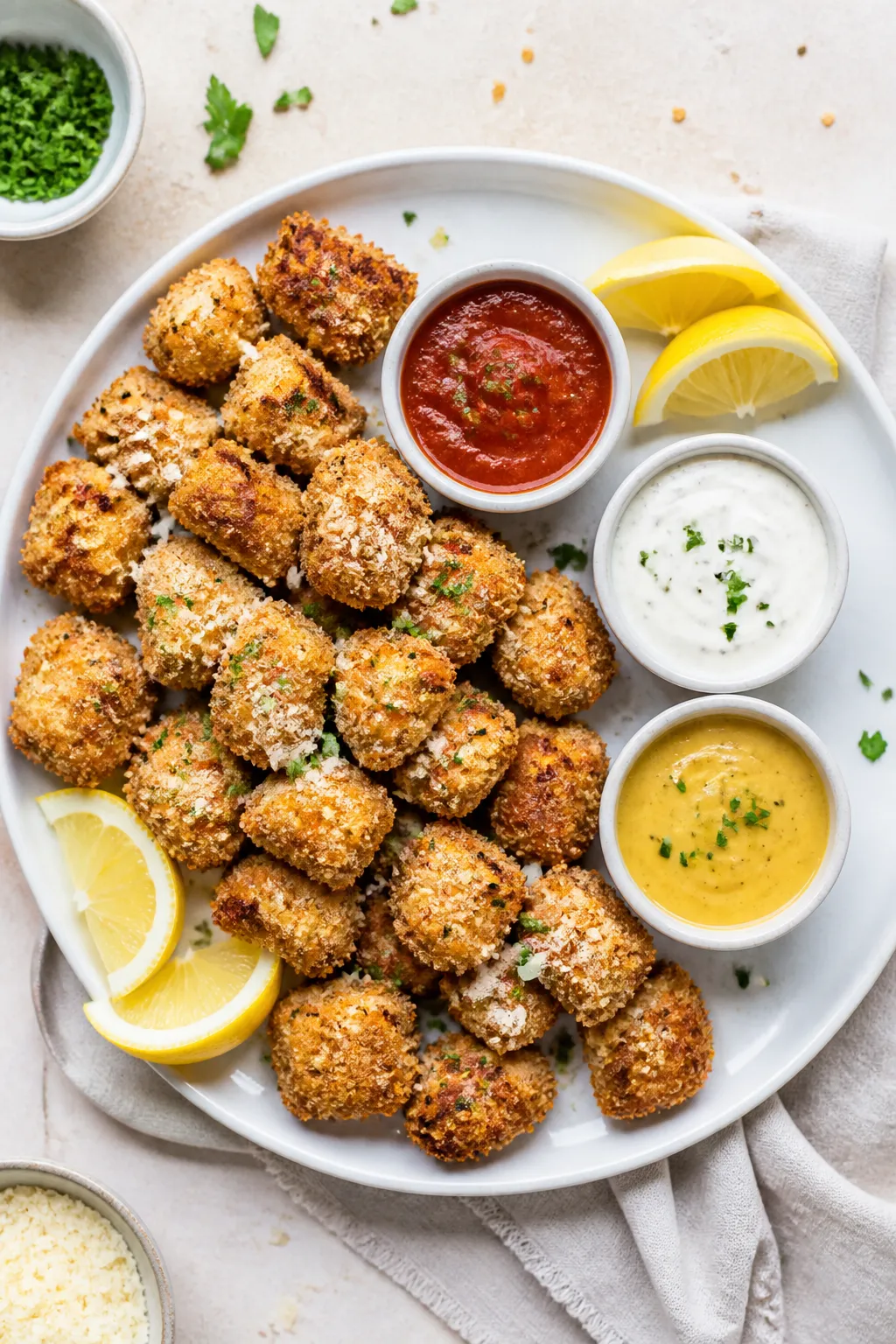 Tasty top view final presentation: Overhead shot of a shareable platter of Parmesan chicken bites, d