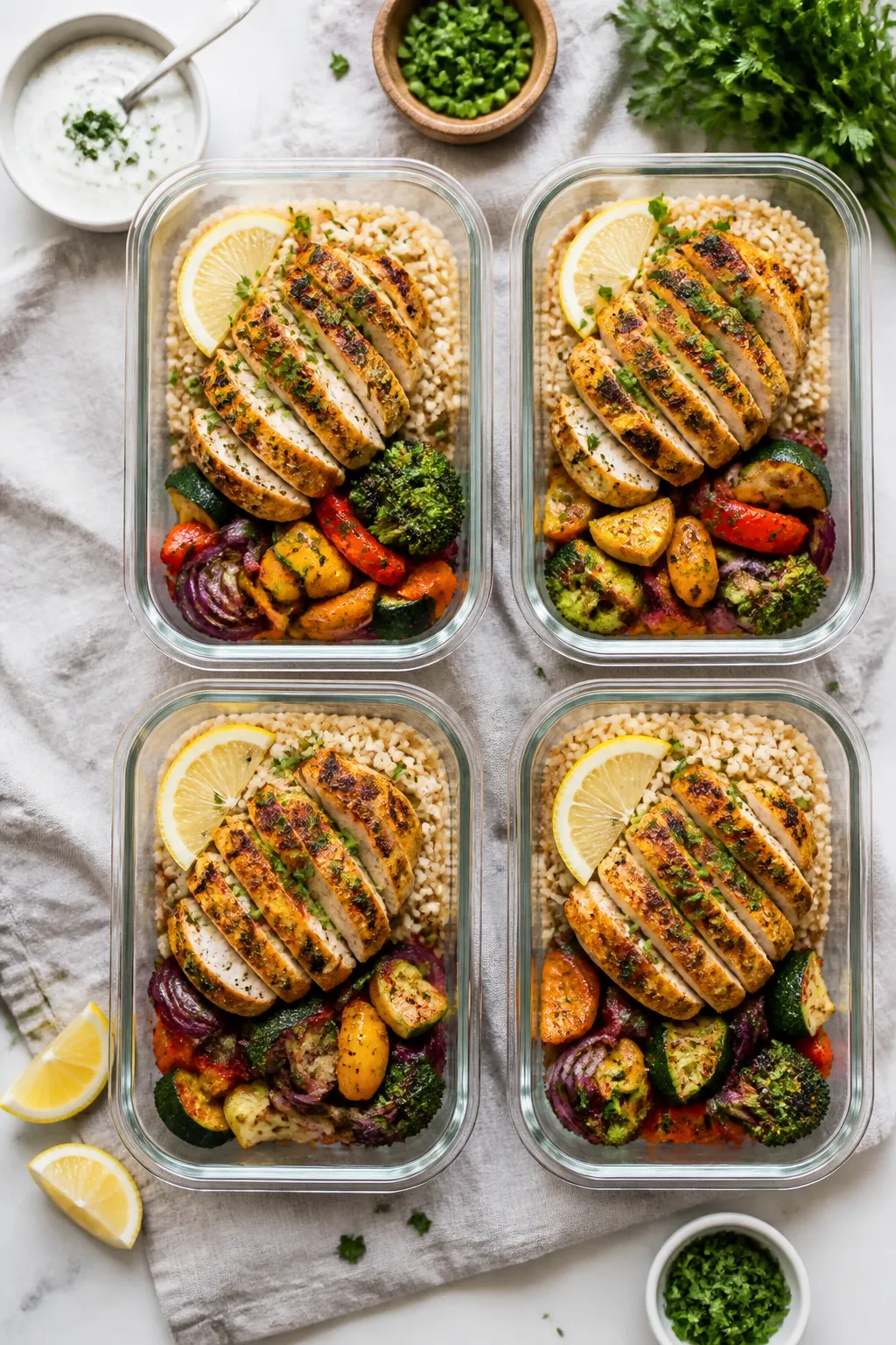 Tasty top view: Finished Cajun chicken meal prep bowls arranged overhead—neatly portioned brown ri