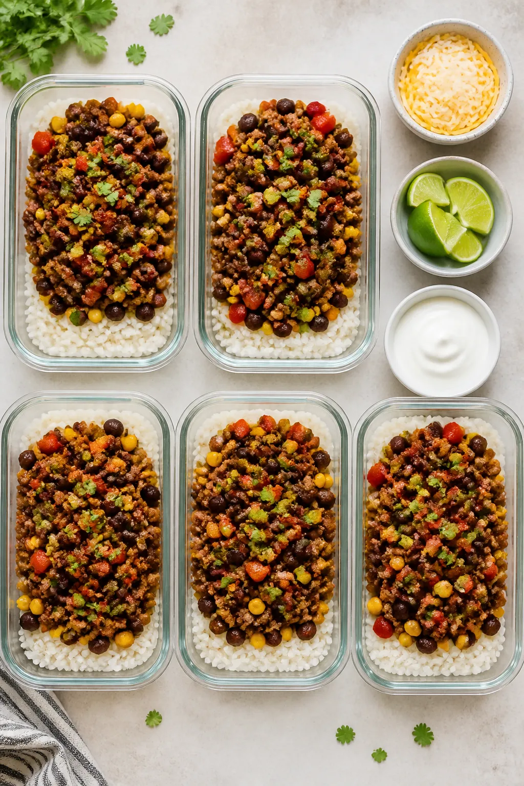 Tasty top view — meal prep assembly: Overhead shot of five neatly portioned glass meal prep contai